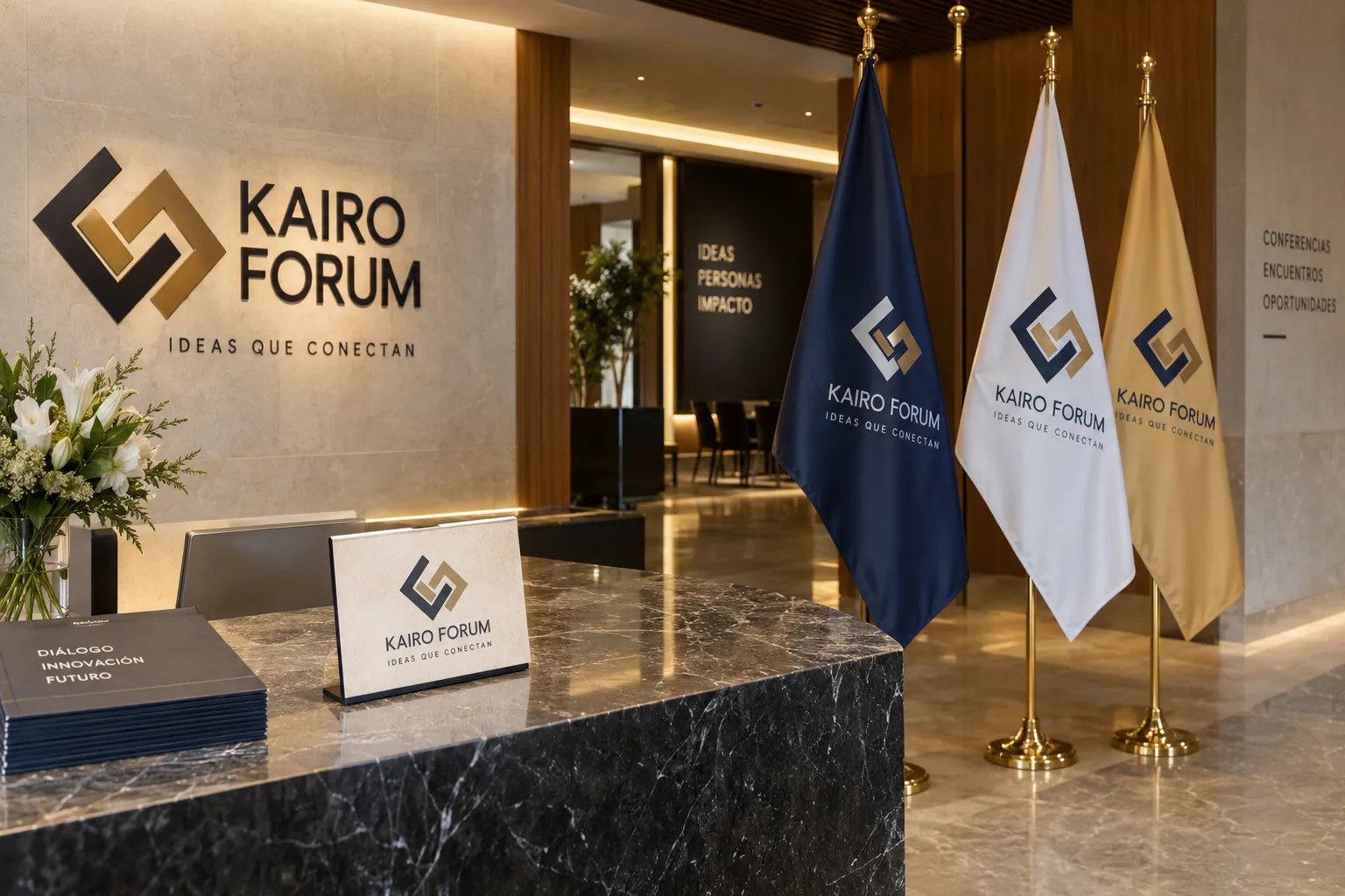 Banderas corporativas en la recepción de un centro de eventos ficticio