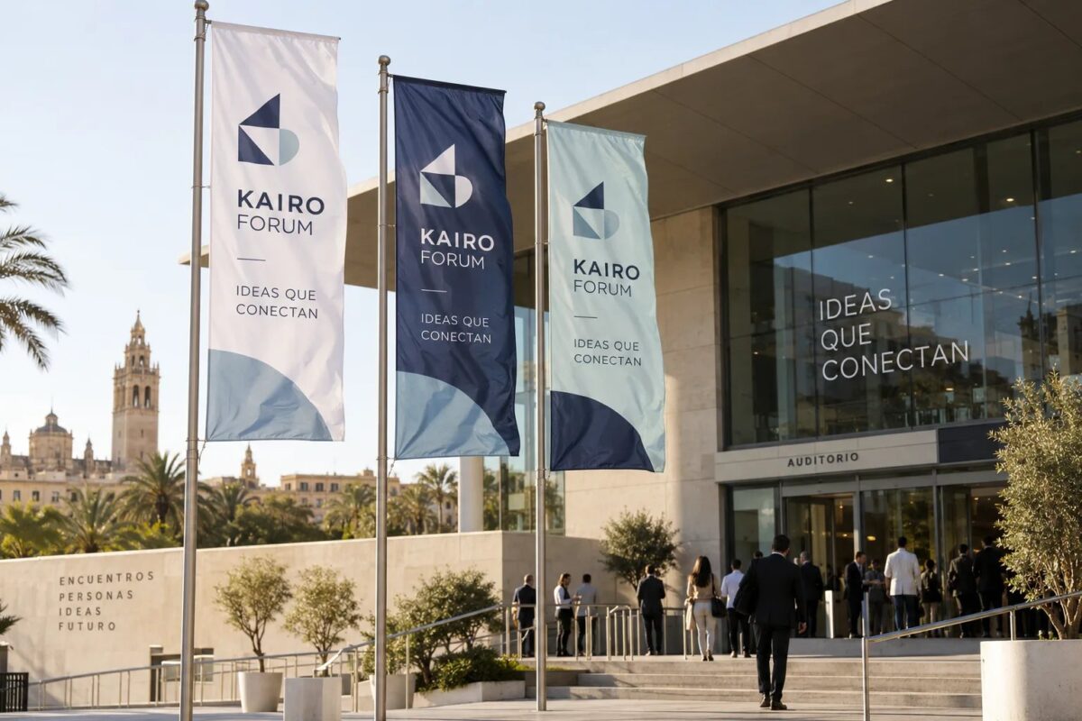 Banderas exteriores con la identidad ficticia KAIRO FORUM en la entrada de un evento