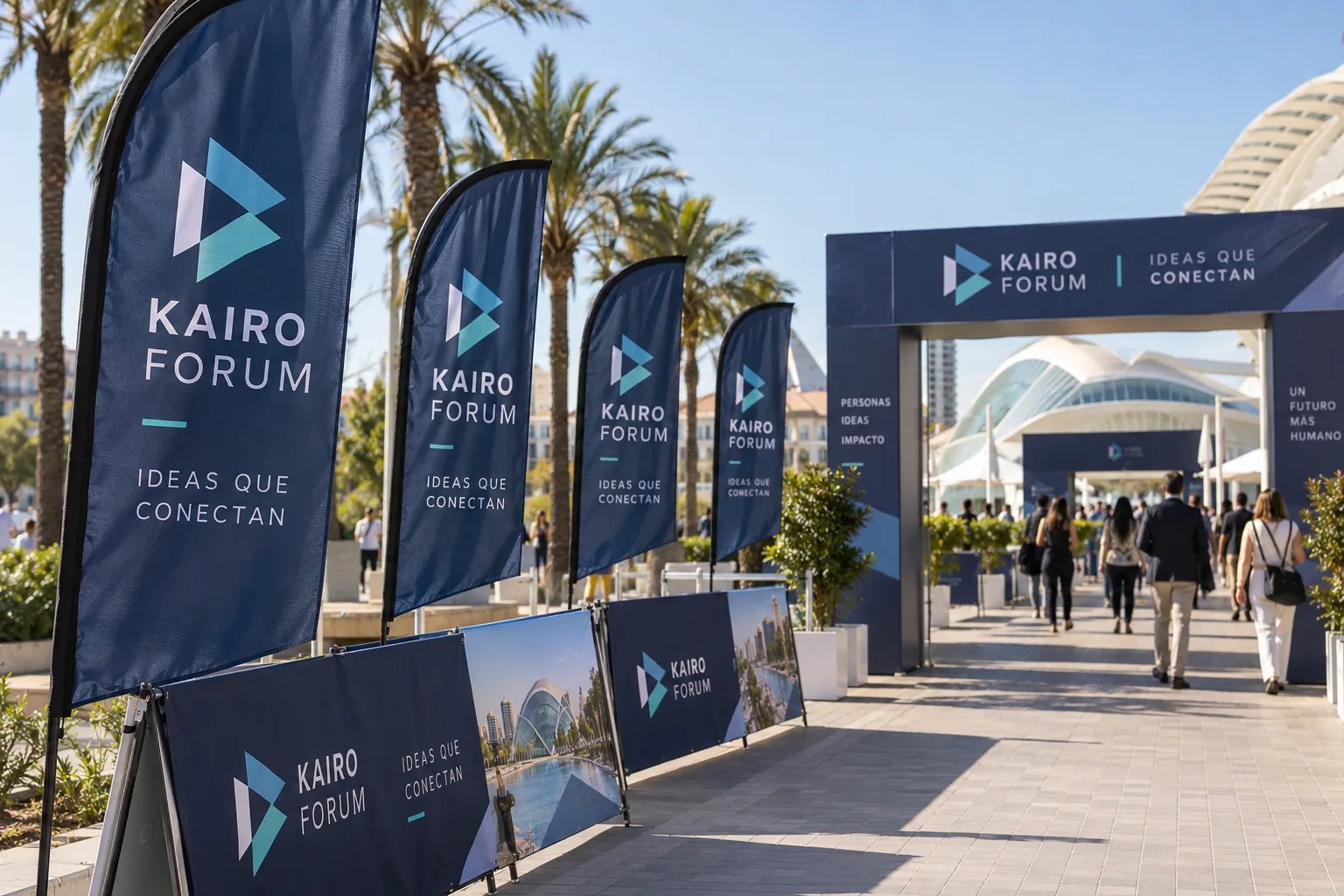 Banderas tipo pluma y soportes publicitarios con una marca ficticia en un evento