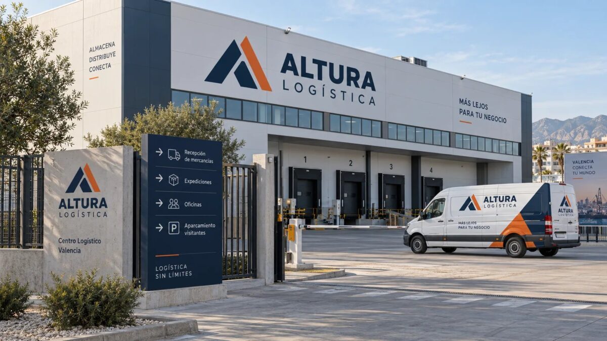 Fachada de nave industrial con rótulo corporativo de la empresa ficticia ALTURA LOGÍSTICA