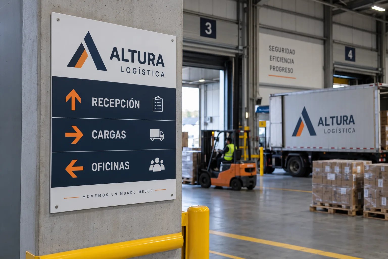 Señalética interior con indicaciones de recepción, cargas y oficinas en una nave industrial