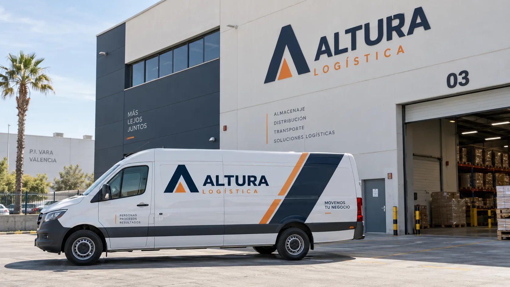 Furgoneta rotulada junto a una nave industrial para un ejemplo de imagen corporativa