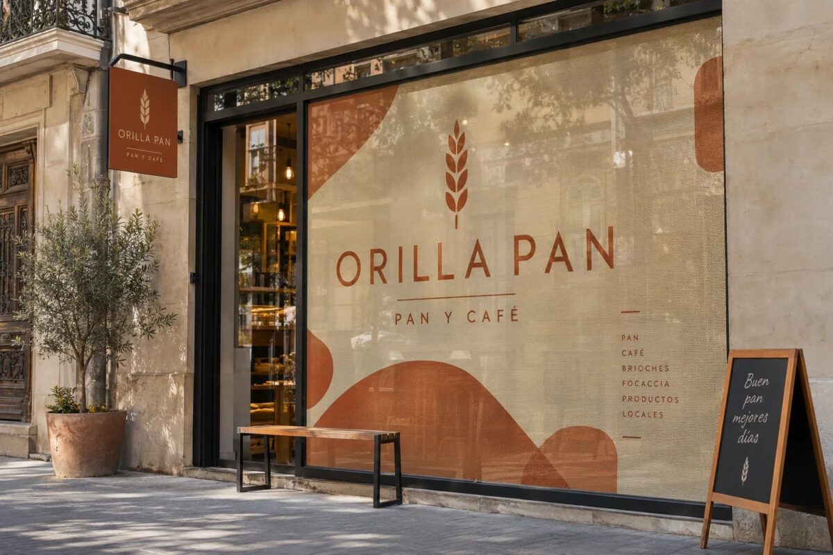 Escaparate de comercio con vinilo microperforado y marca ficticia ORILLA PAN
