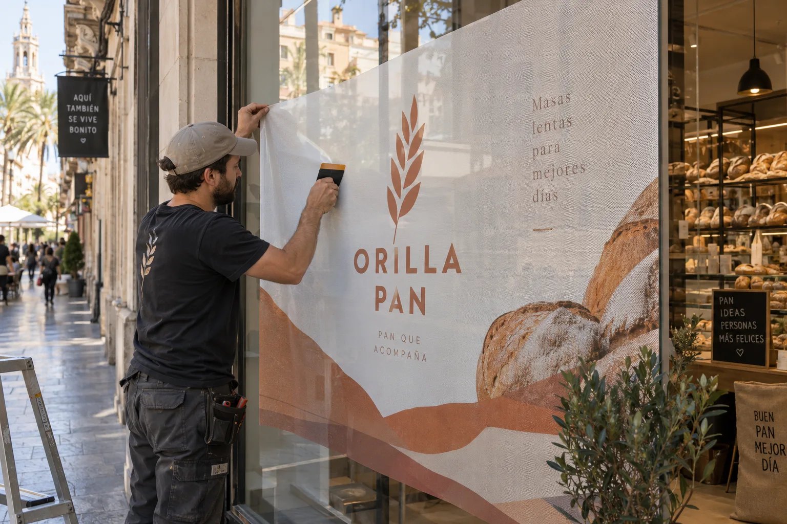 Profesional instalando vinilo microperforado en el escaparate de un comercio